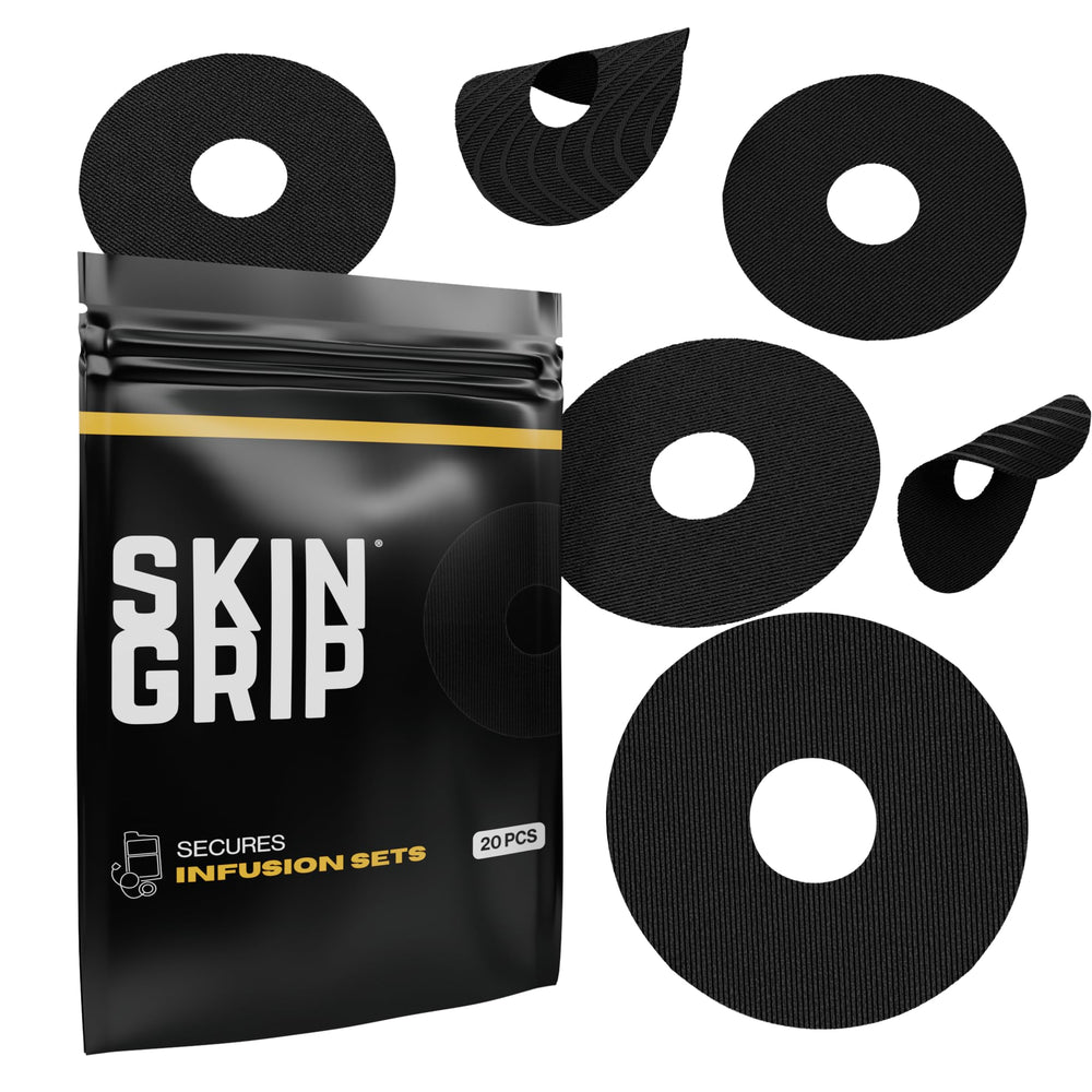 Skin Grip universal patch secures CGM and infusion sets for reliable wear during daily activity.