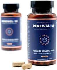 Skin Research Institute Renewglow label closeup with details for healthy hair, skin, and nails