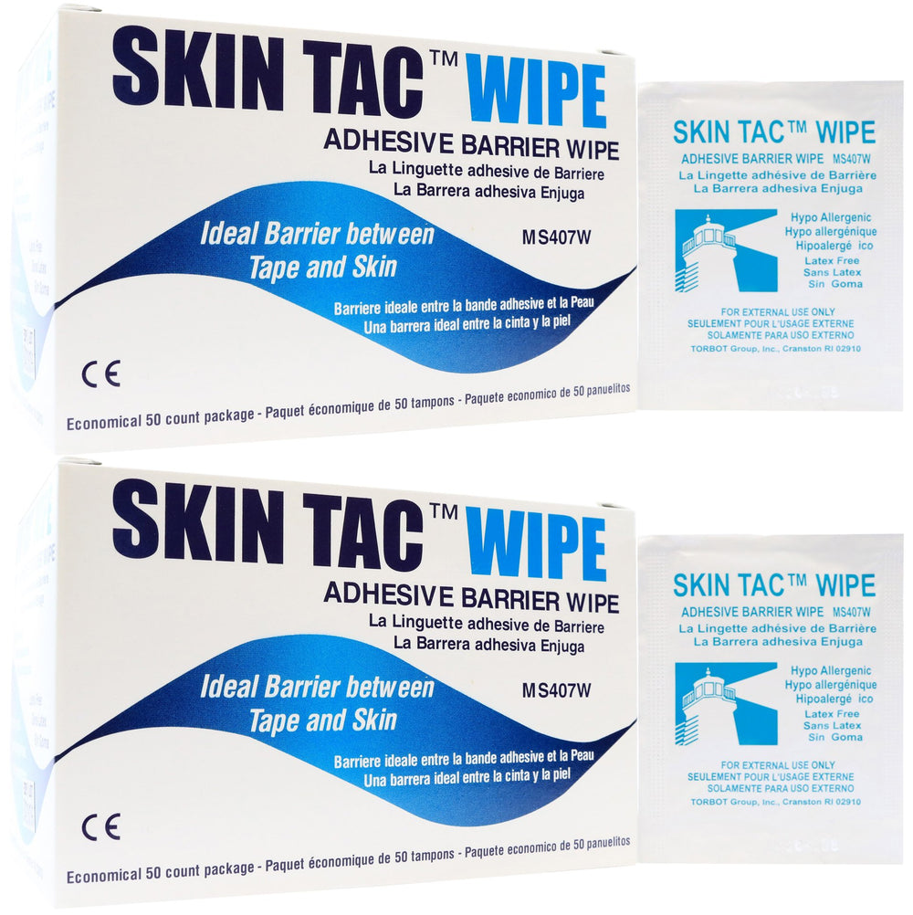 Skin-Tac Adhesive Barrier Wipes two-box pack showing packaging, ideal skin prep before adhesive applications