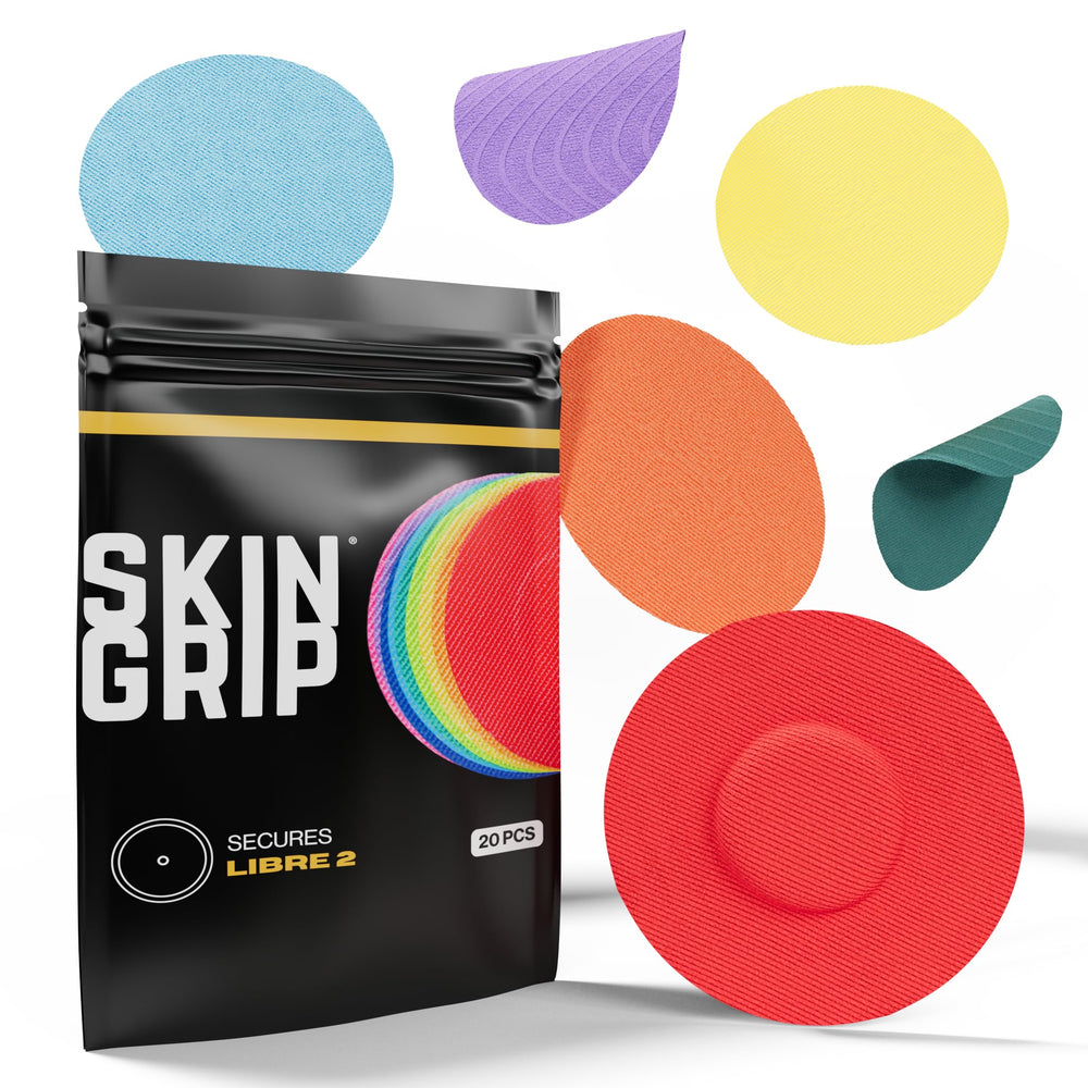 Skin Grip rainbow-pack on a Freestyle Libre 2 sensor cover for secure adhesion during activity.