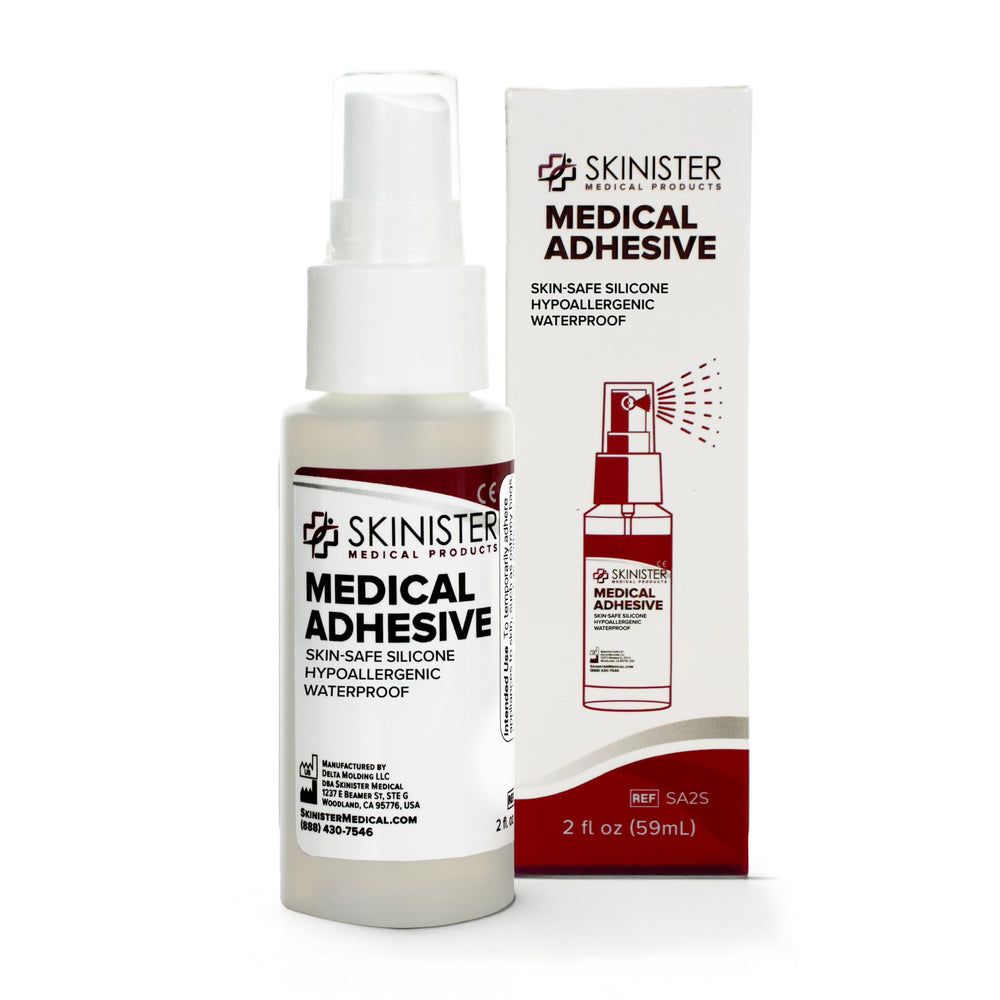 Skinister Medical Adhesive Spray bottle with secure hold for ostomy supplies.