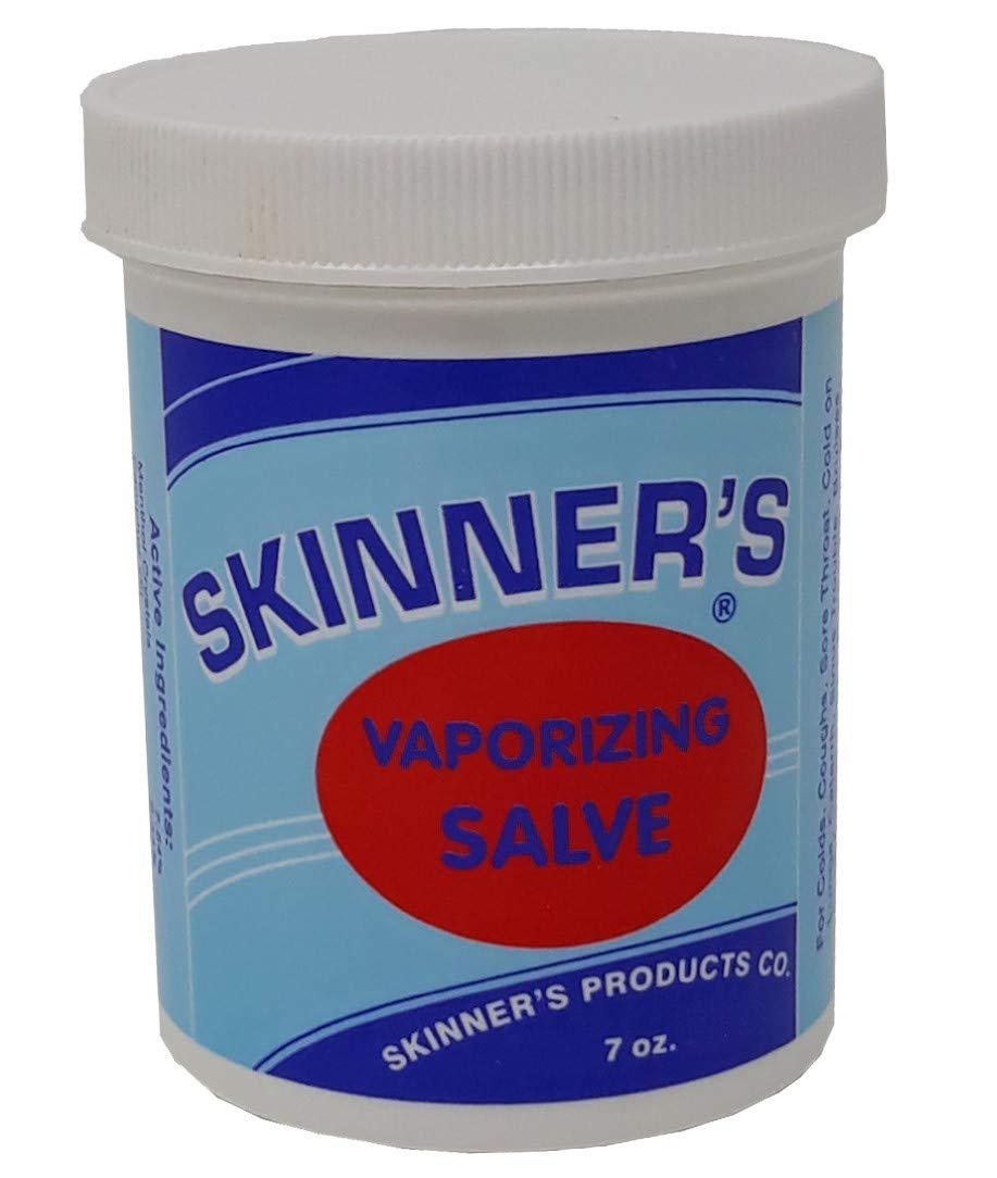 Skinner's Vaporizing Salve jar front label with natural ingredients for soothing relief