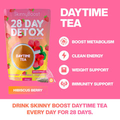 SkinnyBoost detox daytime tea cup showcasing refreshing hibiscus berry flavor