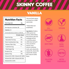 SkinnyBoost Vanilla Coffee Sticks dispense jar shows single-serve packets.