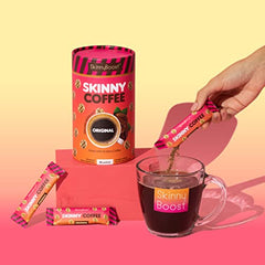 A mug steaming with SkinnyBoost Vanilla Coffee Sticks for a flavorful cup.