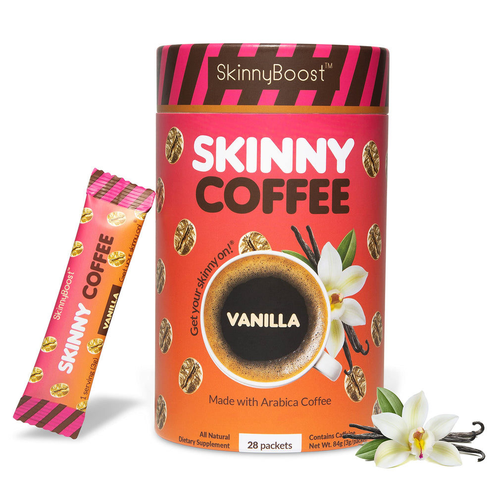 SkinnyBoost Vanilla Coffee Sticks pack ready for travel and quick use.
