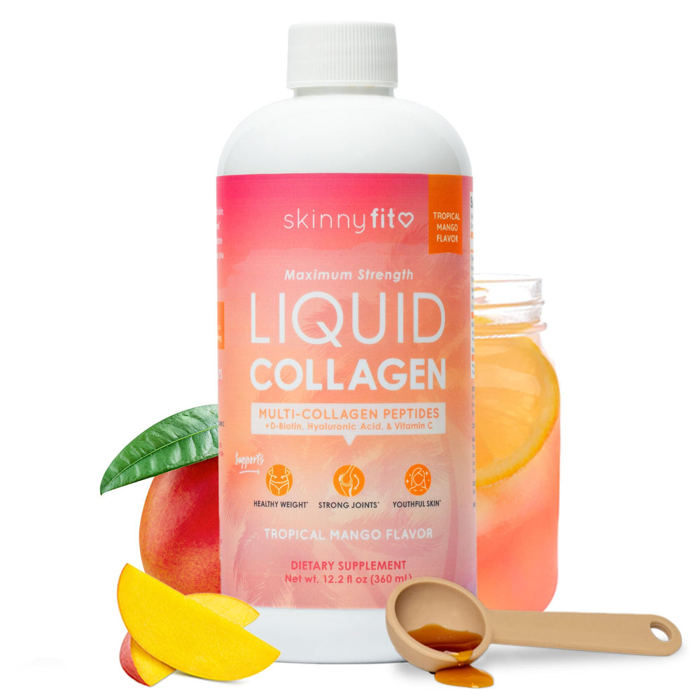 SkinnyFit Liquid Collagen Tropical Mango bottle highlighting multi-collagen benefits for skin