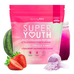 SkinnyFit Super Youth Collagen label with strawberry-watermelon flavor, a tasty daily beauty aid.