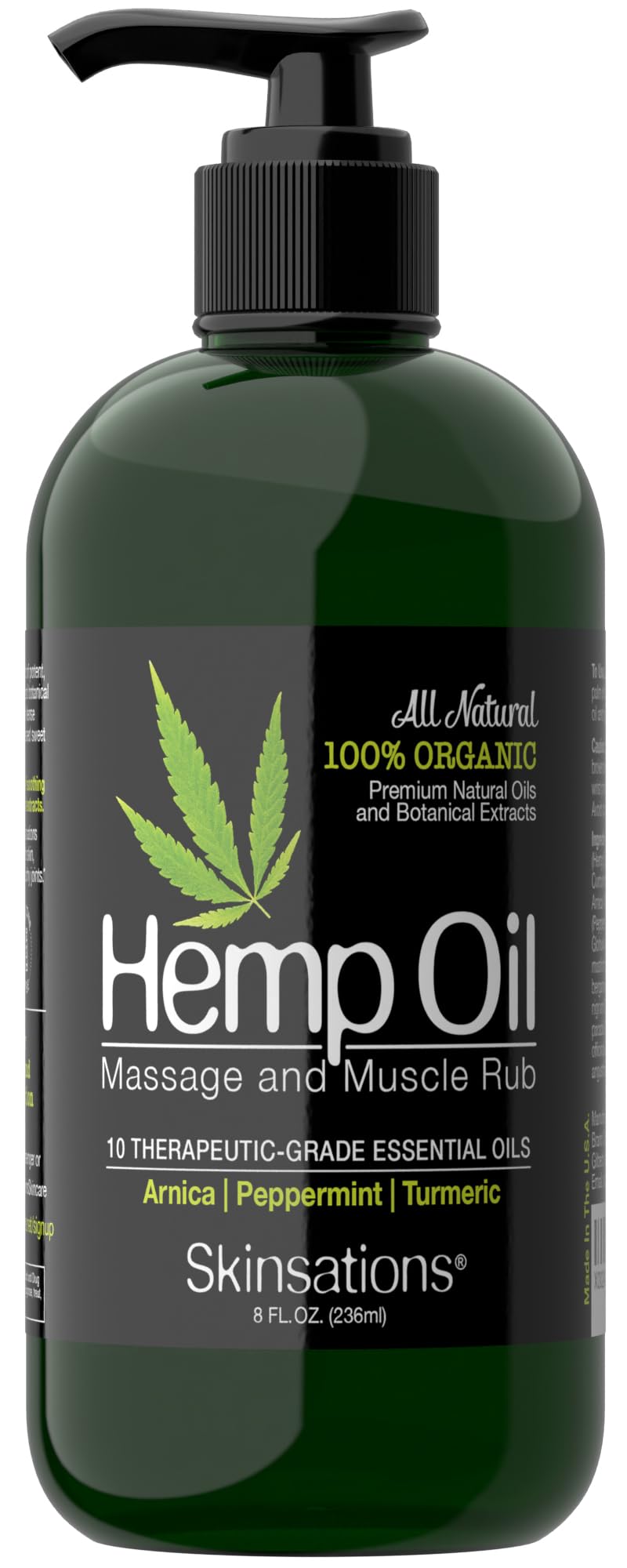 Skinsations hemp massage oil bottle with quick absorption for soft, refreshed skin