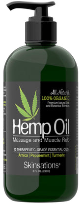 Skinsations hemp massage oil bottle with quick absorption for soft, refreshed skin