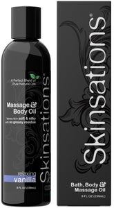 Skinsations Vanilla Massage Oil bottle ready for a relaxing session.