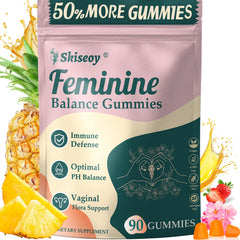 Skiseoy Pineapple Gummies bottle highlighting feminine balance and immune support.