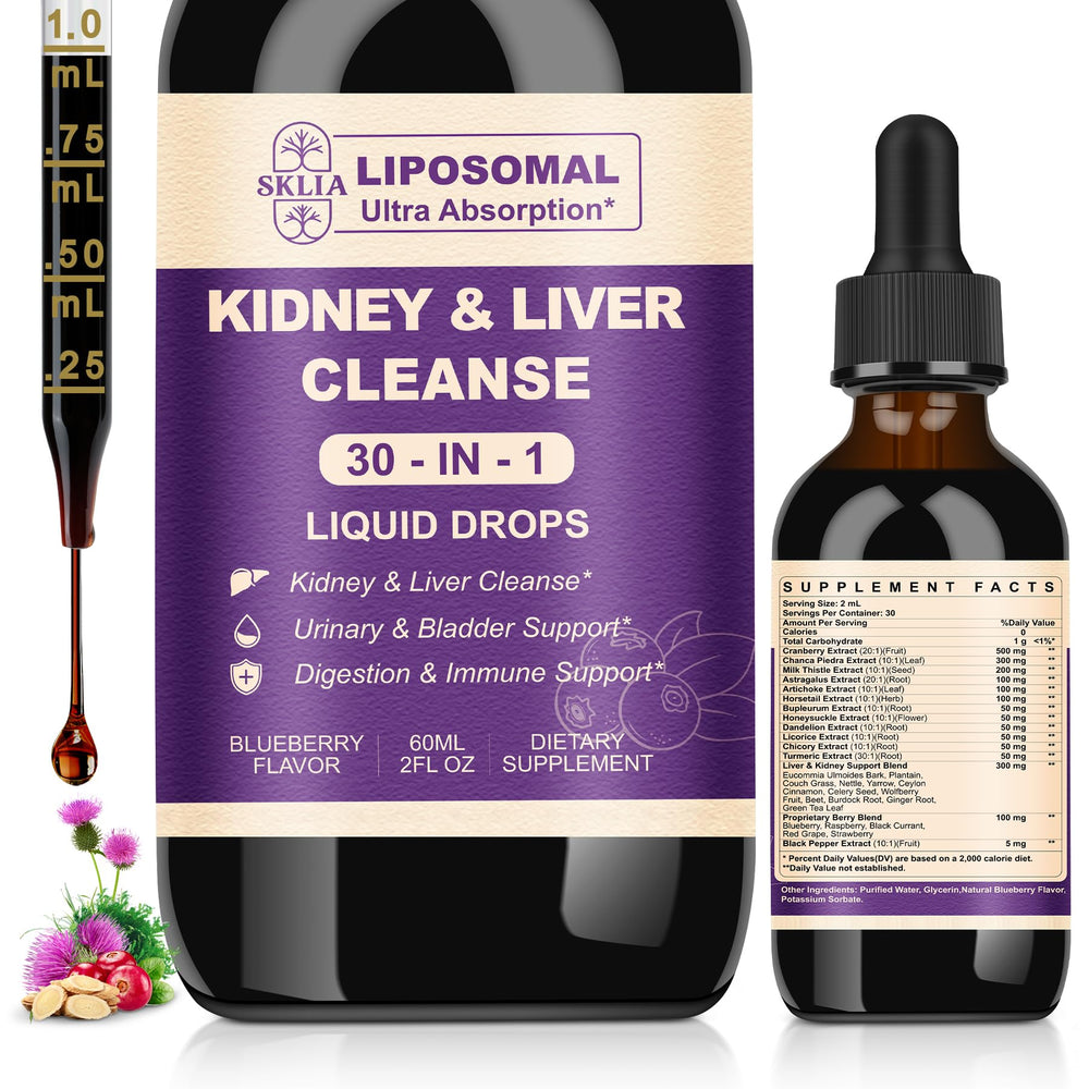 SKLIA 30-in-1 kidney-liver detox drops bottle supports daily detox.