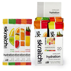 Skratch Labs Hydration Packets variety pack box for workouts and refueling.