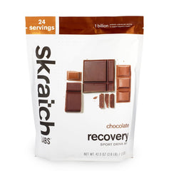 Skratch Labs post-workout recovery chocolate bottle pour shows quick hydration and flavor