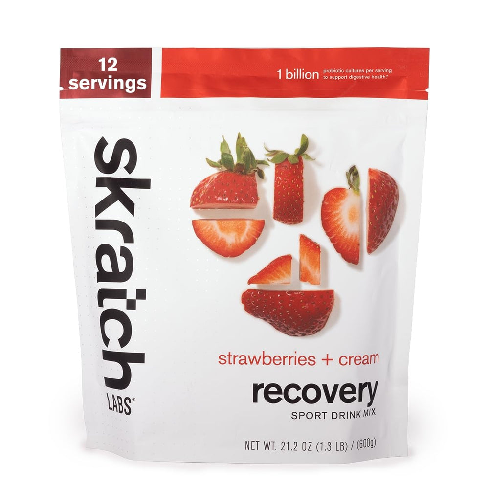 Skratch Labs Recovery Strawberries Cream serve highlighting post-workout refuel with protein and electrolytes.