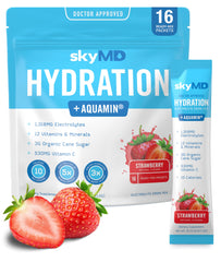 SkyMD Daily Hydration front label shows strawberry flavor and on-the-go hydration.
