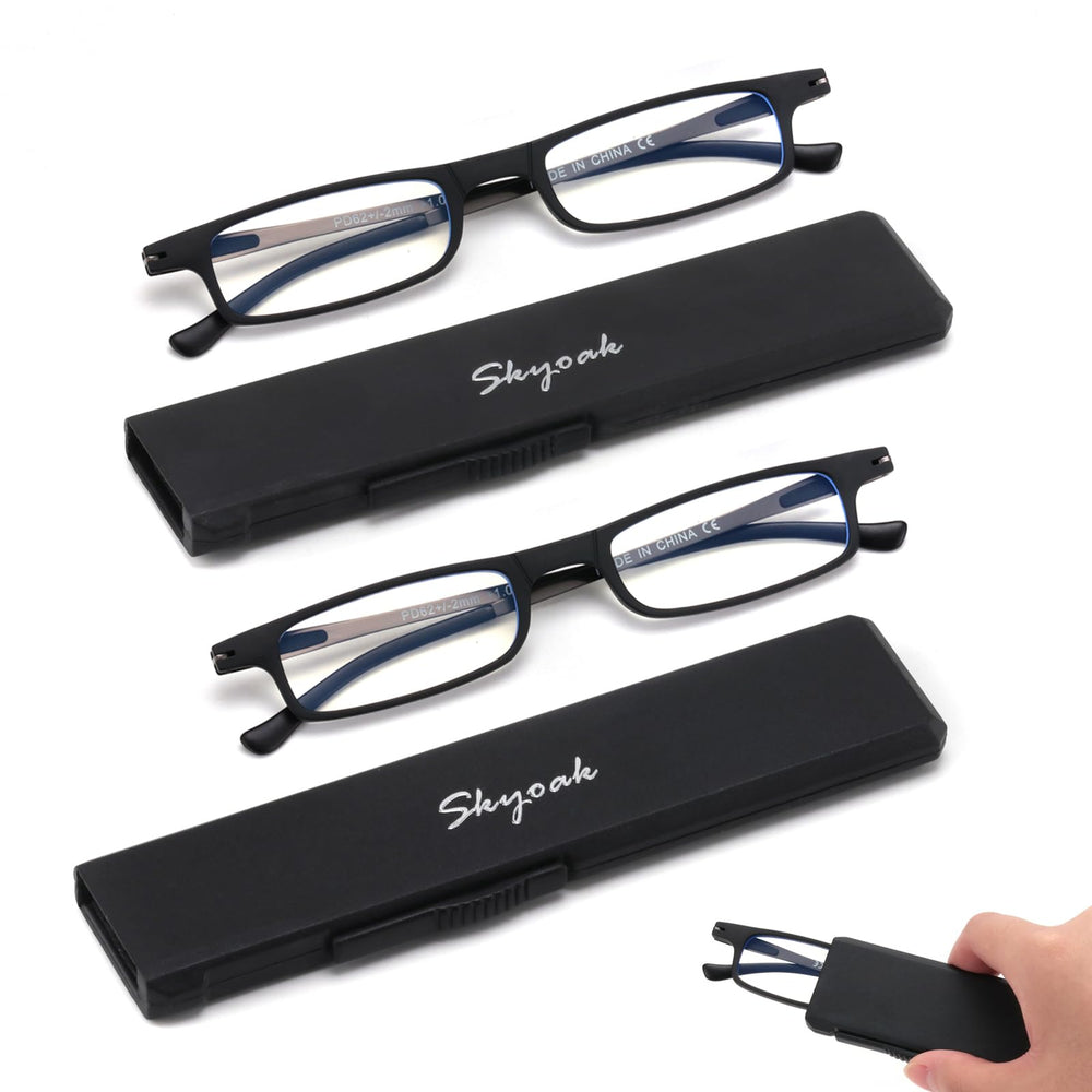 SKYOAK 2-pack ultra-thin folding reading glasses with blue light blocking for digital screens.