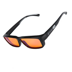 Sleep ZM amber-lens blue light glasses close-up highlighting blue light filter for evening use.