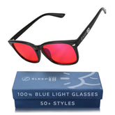Sleep ZM blue-green light blocking glasses in black Wayfarer reduce eye strain after late screen use.