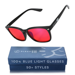 Sleep ZM blue-green light blocking glasses in black Wayfarer reduce eye strain after late screen use.