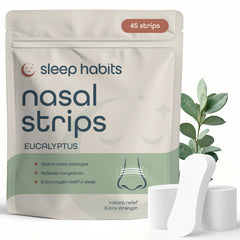 Sleep Habits nasal strips packaging shows an easy, drug-free breathing aid for better nights.