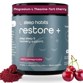 Sleep Habits Restore bottle label on nightstand promotes a melatonin-free sleep option.