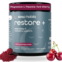 Sleep Habits Restore bottle label on nightstand promotes a melatonin-free sleep option.