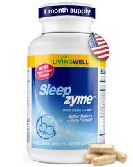 Sleepzyme bottle and capsules ready for a bedtime routine.
