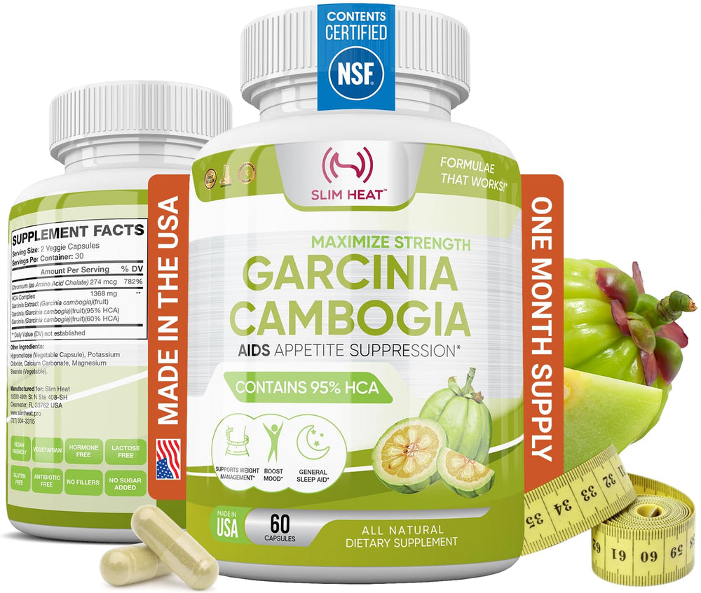 Slim Heat Garcinia Cambogia bottle on white background highlighting 95% HCA for appetite support.