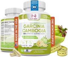 Slim Heat Garcinia Cambogia bottle on white background highlighting 95% HCA for appetite support.