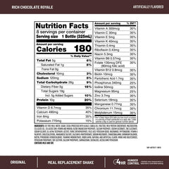 SlimFast Original Rich Chocolate Royale nutrition label highlights protein and fiber.
