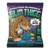 SlimThicc Rabid Razz protein gummies front-pack display for quick protein boost after workouts.