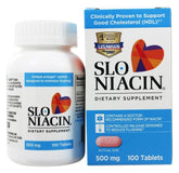 Slo-Niacin bottle front with capsules for daily vitamin B3 support.