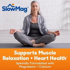 SlowMag bottle label graphic emphasizes calcium and magnesium blend benefits.