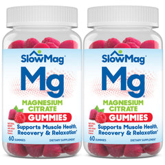 SlowMag bottle with berry gummies for daily muscle support.