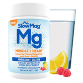 SlowMag muscle-heart powder tub front shows raspberry-lemon flavor for easy mixing.