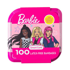 Smart Care Barbie Bandage Kit cover shows colorful bandages for kids' first aid routines.