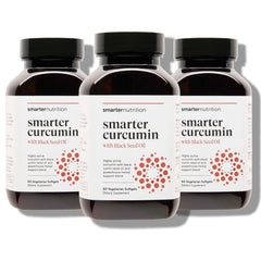 Smartenutrition Curcumin Softgels bottle front highlights vegan formula and high absorption potential.