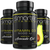 SmarterVitamins D3 avocado oil mini softgel bottle close-up for easy swallowing.