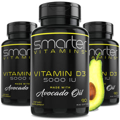SmarterVitamins D3 avocado oil mini softgel bottle close-up for easy swallowing.