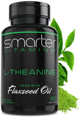 SmarterVitamins L-Theanine softgels bottle highlighting calm focus without drowsiness.