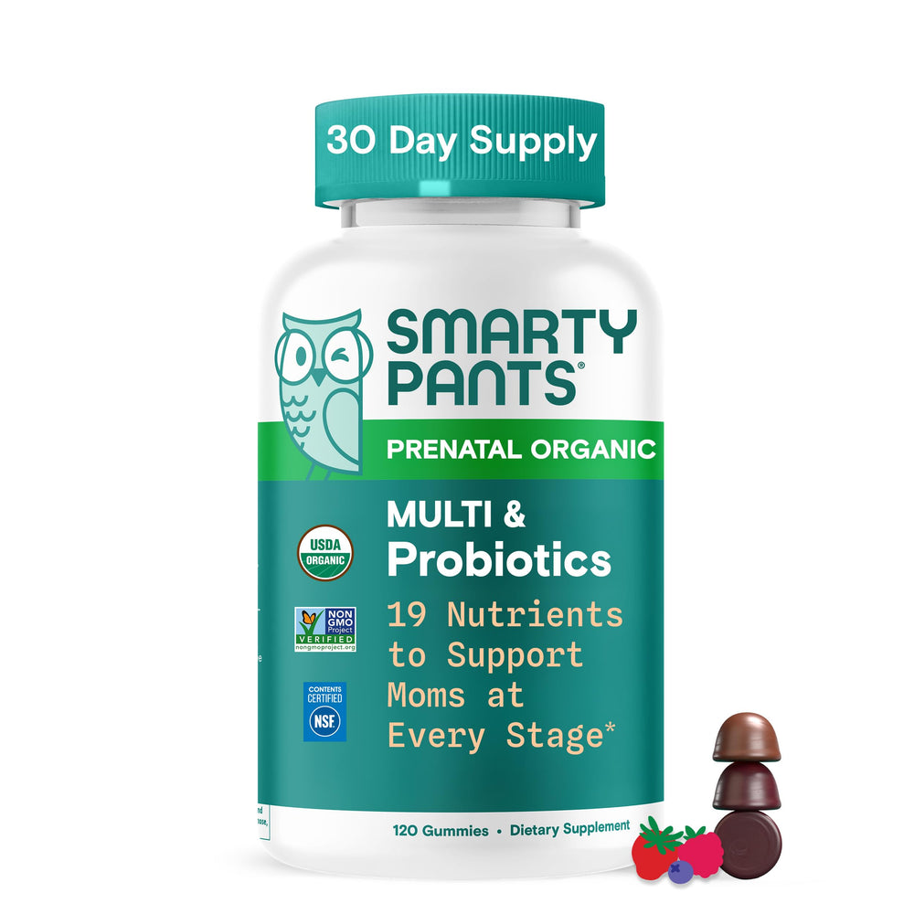 SmartyPants Organic Prenatal bottle close-up for easy daily nutrition.