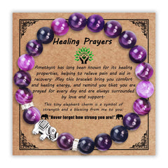 SmileBelle amethyst bracelet on wrist, calming stones for comfort.