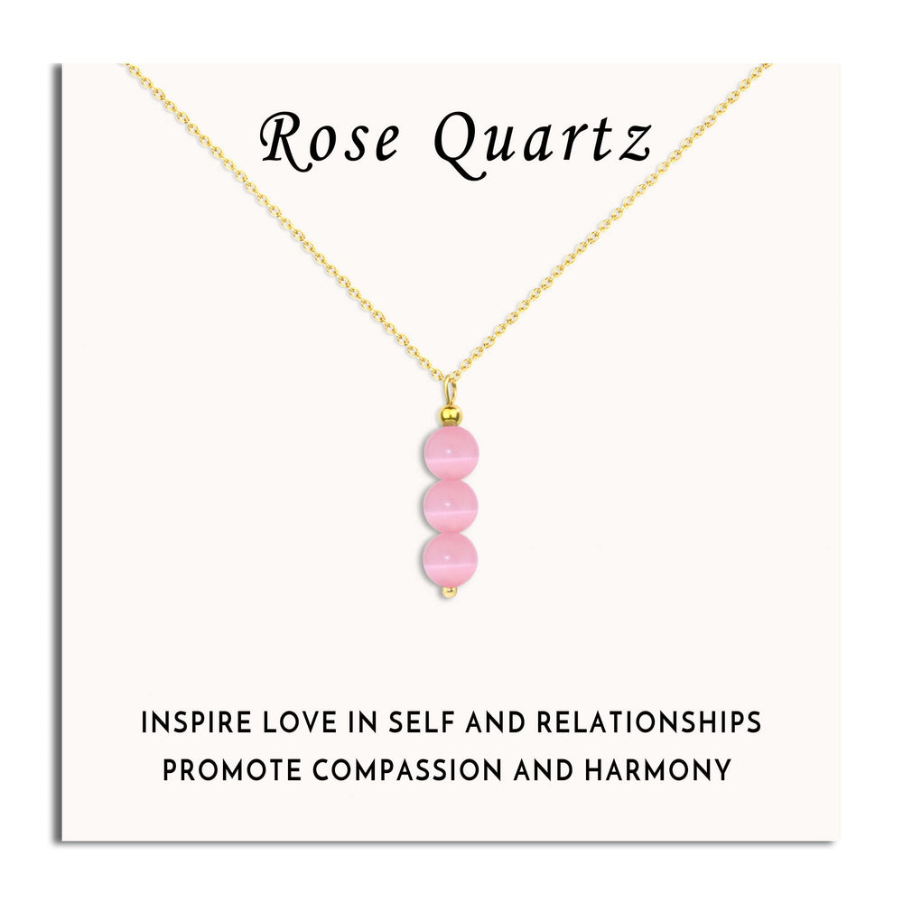 SmileBelle Rose Quartz Necklace close-up with pink beads, ideal for everyday wear.