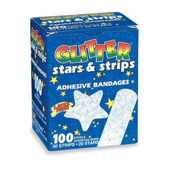 SmileMakers Glitter Stars and Strips Bandages brighten kid-friendly first aid moments.