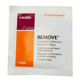 Smith & Nephew adhesive remover wipes packaging demonstrates gentle residue removal with aloe conditioning skin.