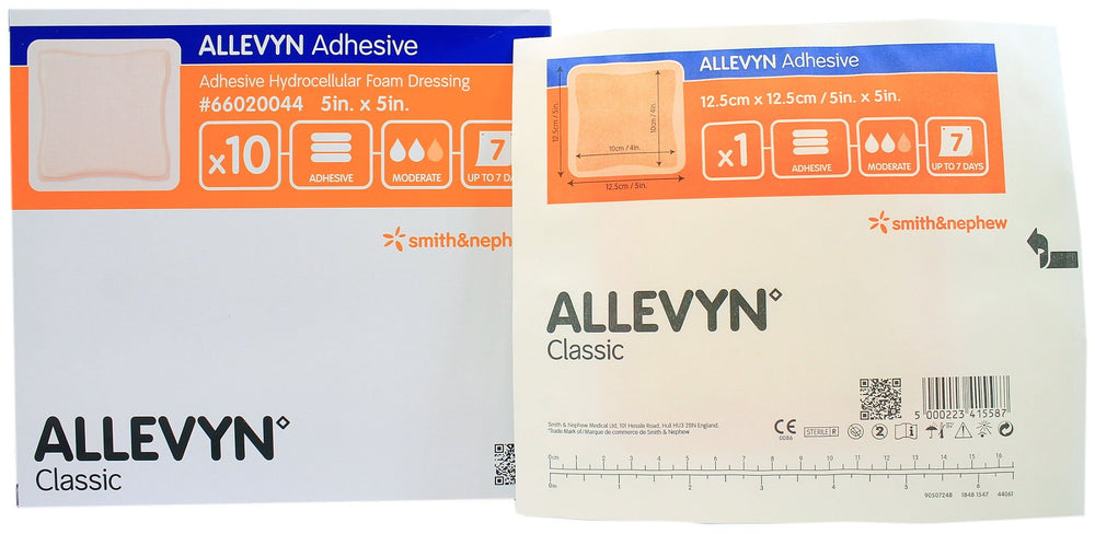 Smith & Nephew Allevyn Adhesive Foam Dressing 5x5 with border film backing provides secure, waterproof protection.
