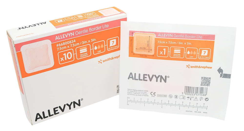 Smith & Nephew Allevyn Gentle Border Lite foam dressing, 3x3 inch size, with adhesive border for secure wear.