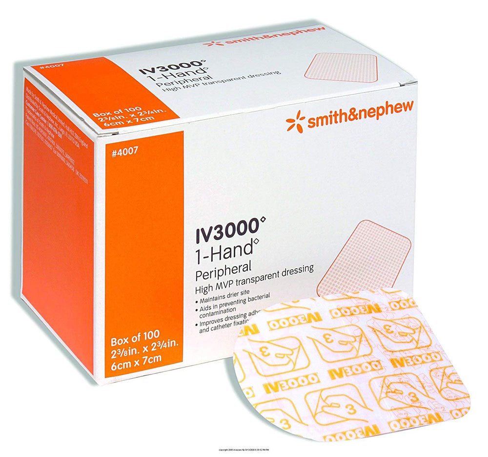 Smith & Nephew IV 3000 transparent adhesive dressing provides clear visibility and barrier protection.